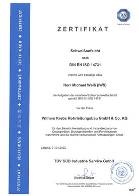 Zertifikate von Wilhelm Krebs Rohrleitungsbau GmbH & Co. KG aus Bad Sulza in Thüringen